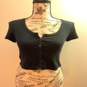 American Apparel Black Ribbed Button Up Crop Top
